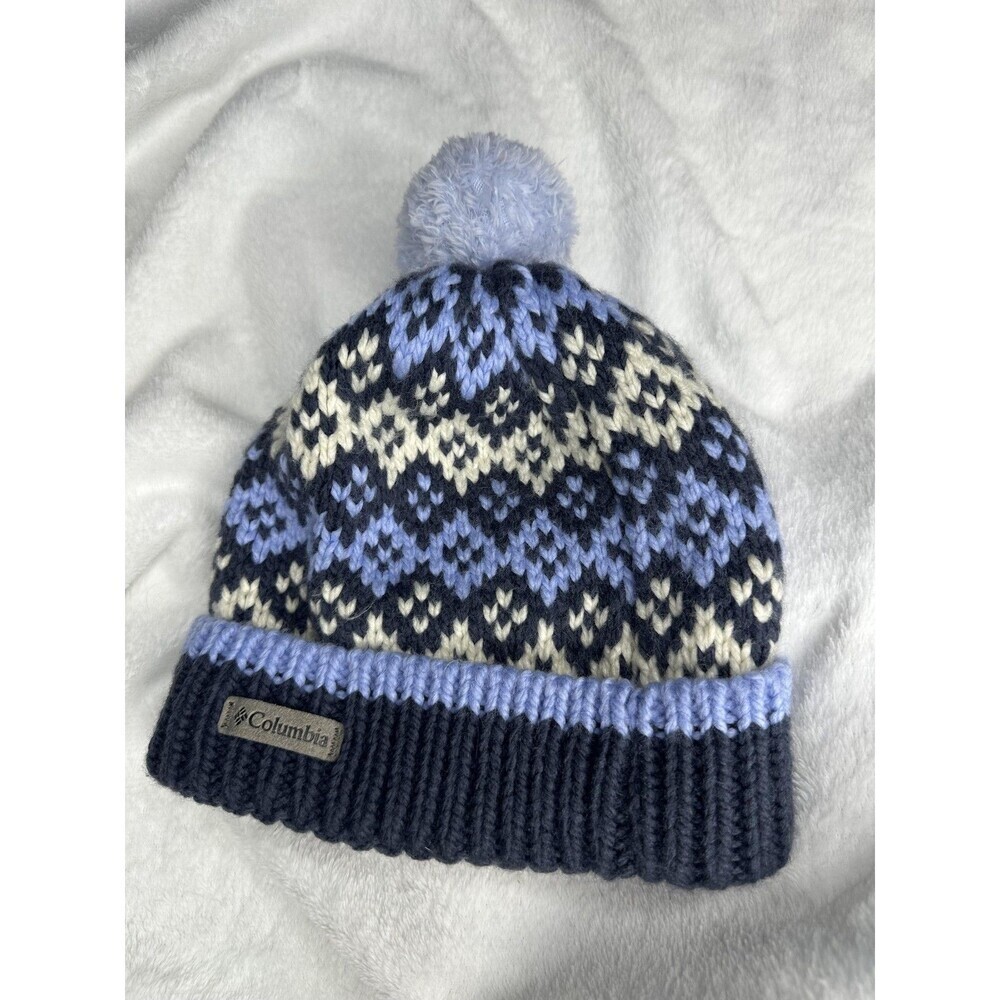 Columbia Hat Beanie One Size Blue Fair Isle Pom Bobble Knit Fleece Lined Womens